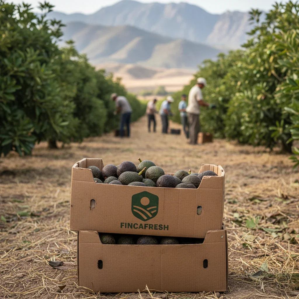 Frische Avocados in Fincafresh-Kiste, Feldarbeiter ernten in Andalusien direkt auf dem Feld.