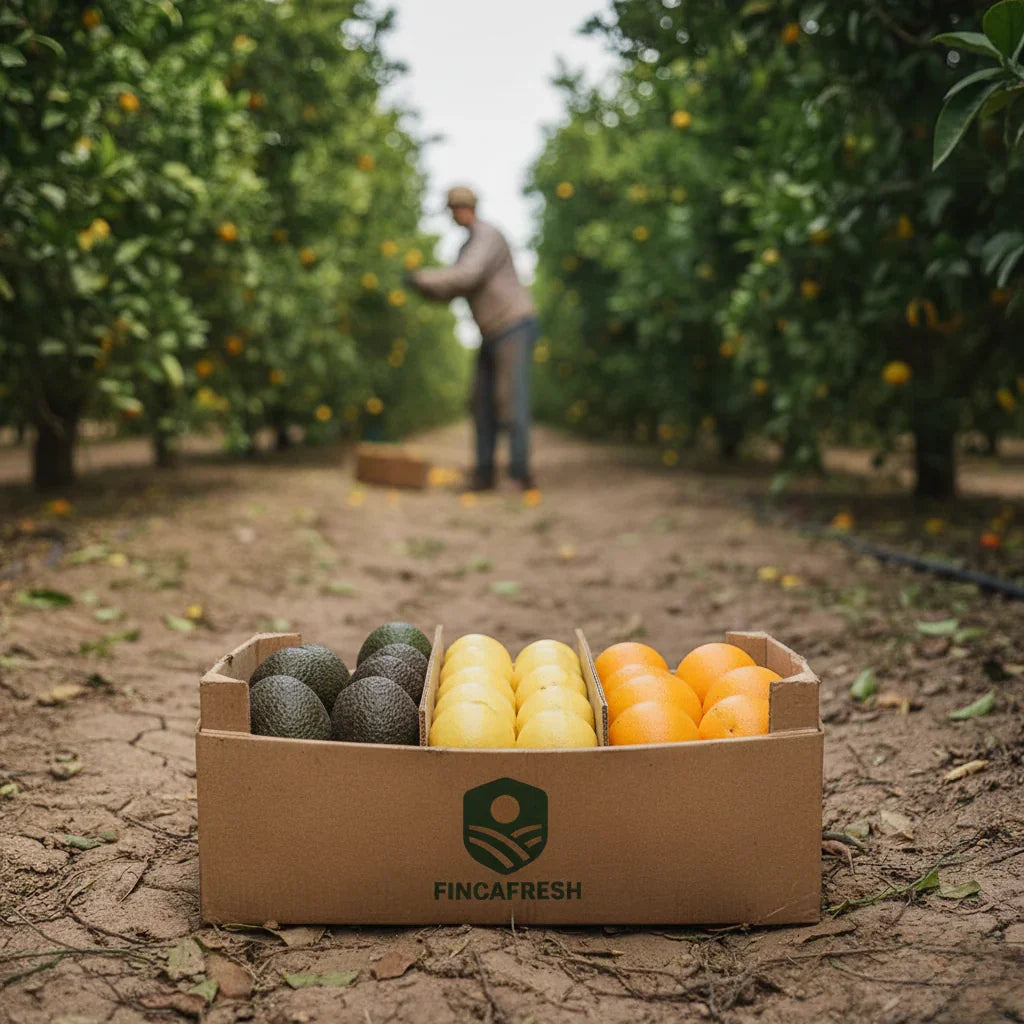 Frische Avocados und Zitrusfrüchte in Fincafresh-Kiste auf andalusischem Feld, alles frisch geerntet